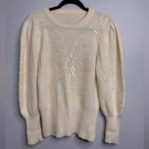 VTG Balloon Sleeve Sweater with Sequin Bow in Ivory Coquette